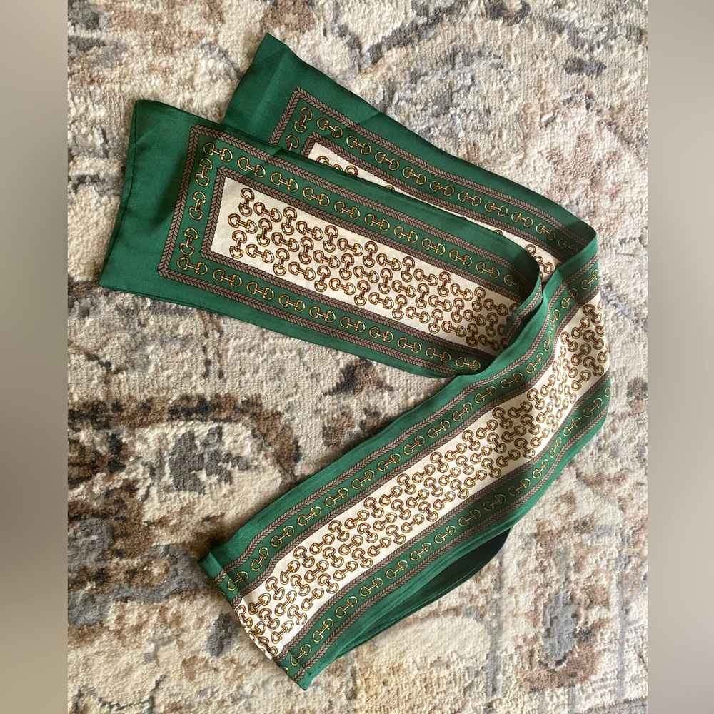 New Long Multipurpose Saddle Print Scarf Silk Like Green Cream Brown Stripe - Picture 12 of 13
